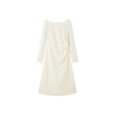 Women's Beige Slash Neck Waist Dress